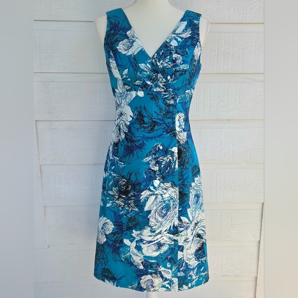 EUC Donna Ricco New York Women's Teal/White V-neck Sleeveless Sheath Dress - 4 - Picture 1 of 14